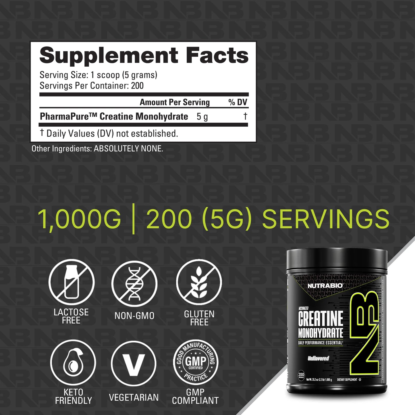 Nutrabio Micronized Creatine Monohydrate (200 serving)